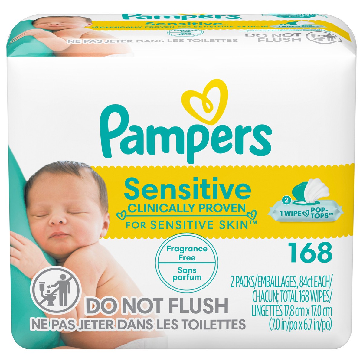 slide 1 of 3, Pampers Baby Wipes Sensitive Perfume Free 2X Pop-Top Packs 168 Count, 2 ct