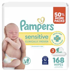 Baby Wipes Pampers Sensitive, Clinically Proven, Fragrance Free, Water Based, Hypoallergenic Baby Wipes, 168 Baby Wipes Total (2X Flip-Top Packs)