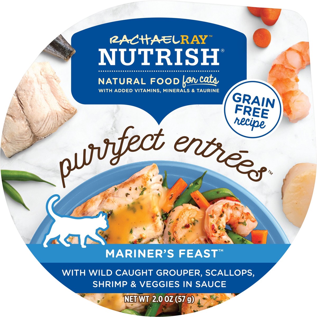 slide 3 of 11, Rachael Ray Nutrish Purrfect Entrees Mariner's Feast With Wild Caught Grouper, Scallops, Shrimp & Veggies in Sauce, 2-oz cup, 2 oz