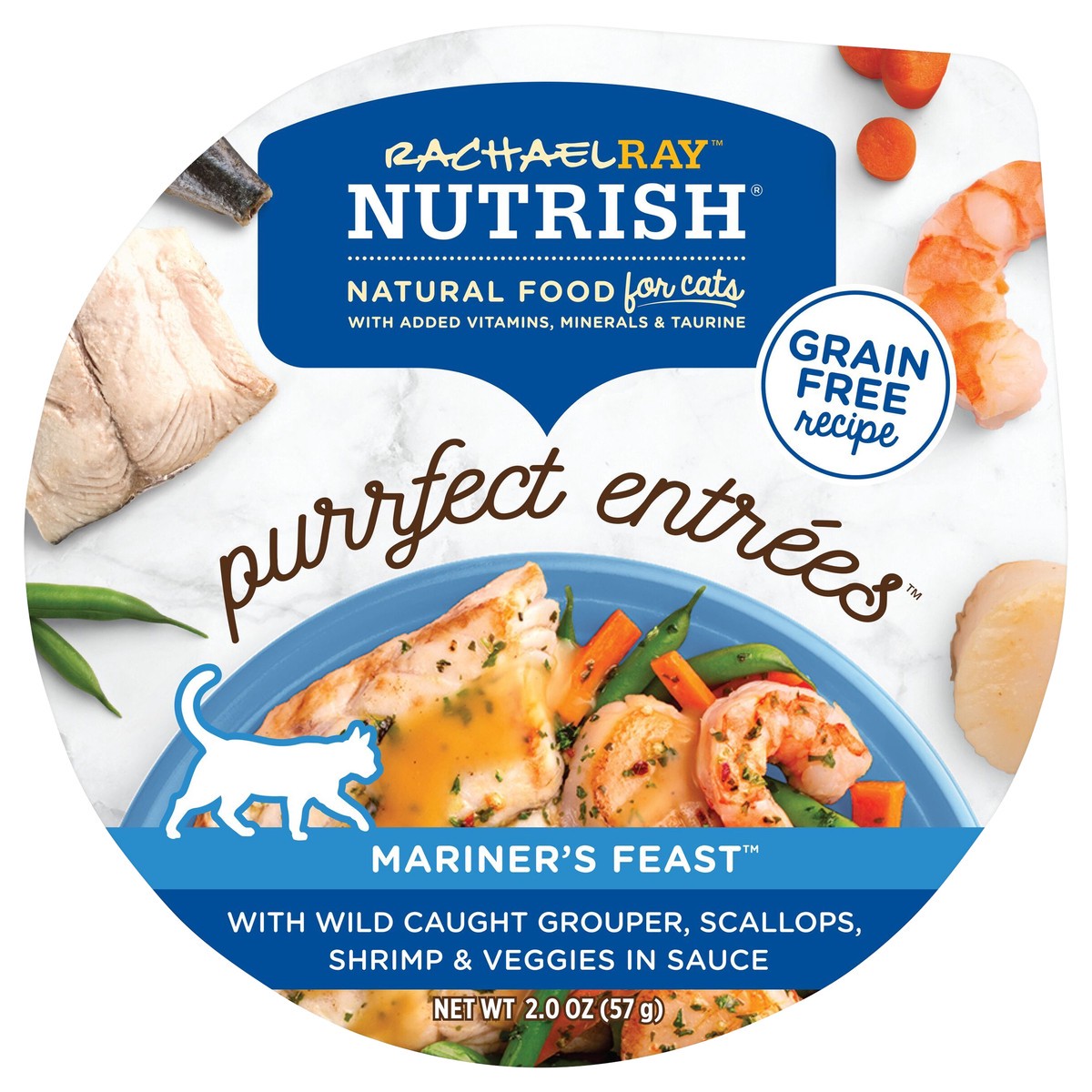 slide 11 of 11, Rachael Ray Nutrish Purrfect Entrees Mariner's Feast With Wild Caught Grouper, Scallops, Shrimp & Veggies in Sauce, 2-oz cup, 2 oz