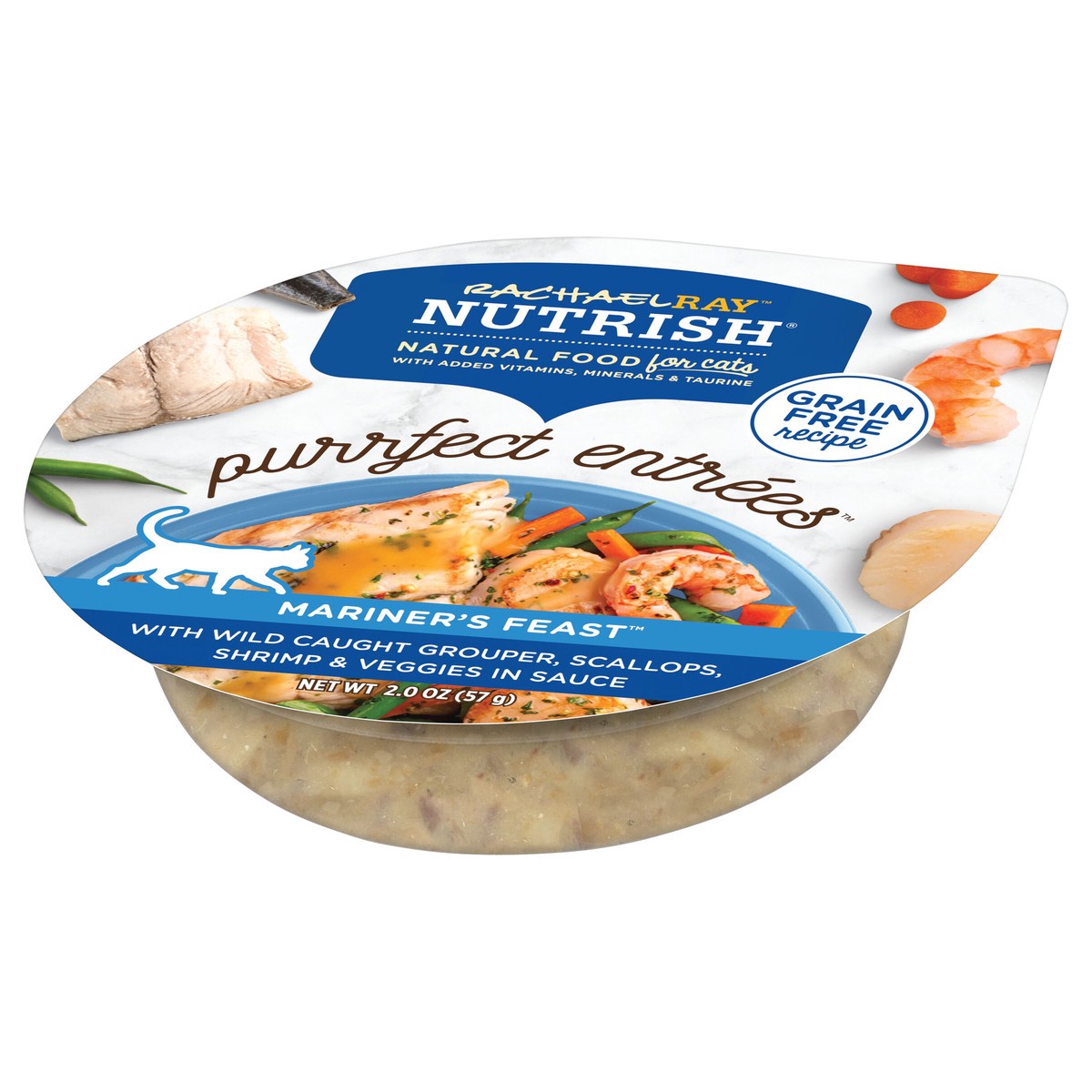 slide 8 of 11, Rachael Ray Nutrish Purrfect Entrees Mariner's Feast With Wild Caught Grouper, Scallops, Shrimp & Veggies in Sauce, 2-oz cup, 2 oz