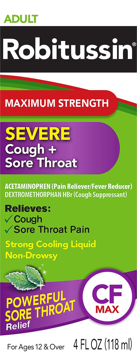slide 4 of 7, Robitussin Adult Maximum Strength Severe Cough + Sore Throat Relief Medicine, Cough Suppressant, Acetaminophen (4 Fluid Ounce Bottle), 4 oz