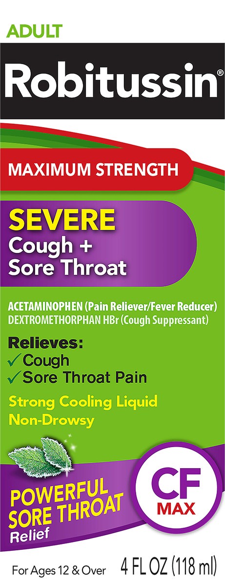 slide 6 of 7, Robitussin Adult Non-Drowsy Maximum Strength CF Severe Cough + Sore Throat 4 oz, 4 oz