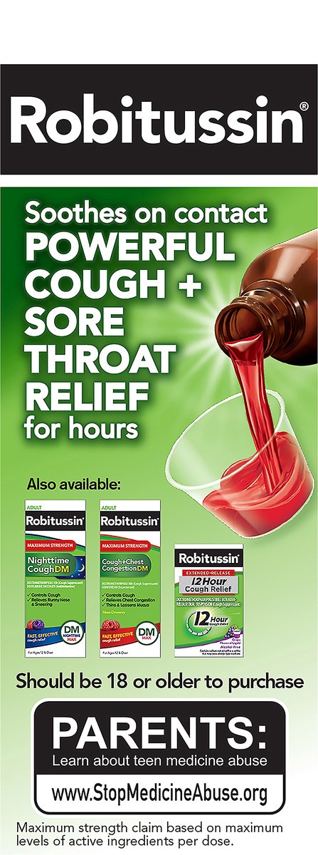 slide 6 of 7, Robitussin Adult Maximum Strength Severe Cough + Sore Throat Relief Medicine, Cough Suppressant, Acetaminophen (4 Fluid Ounce Bottle), 4 oz