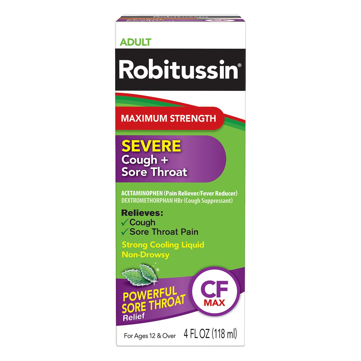 slide 1 of 7, Robitussin Adult Maximum Strength Severe Cough + Sore Throat Relief Medicine, Cough Suppressant, Acetaminophen (4 Fluid Ounce Bottle), 4 oz