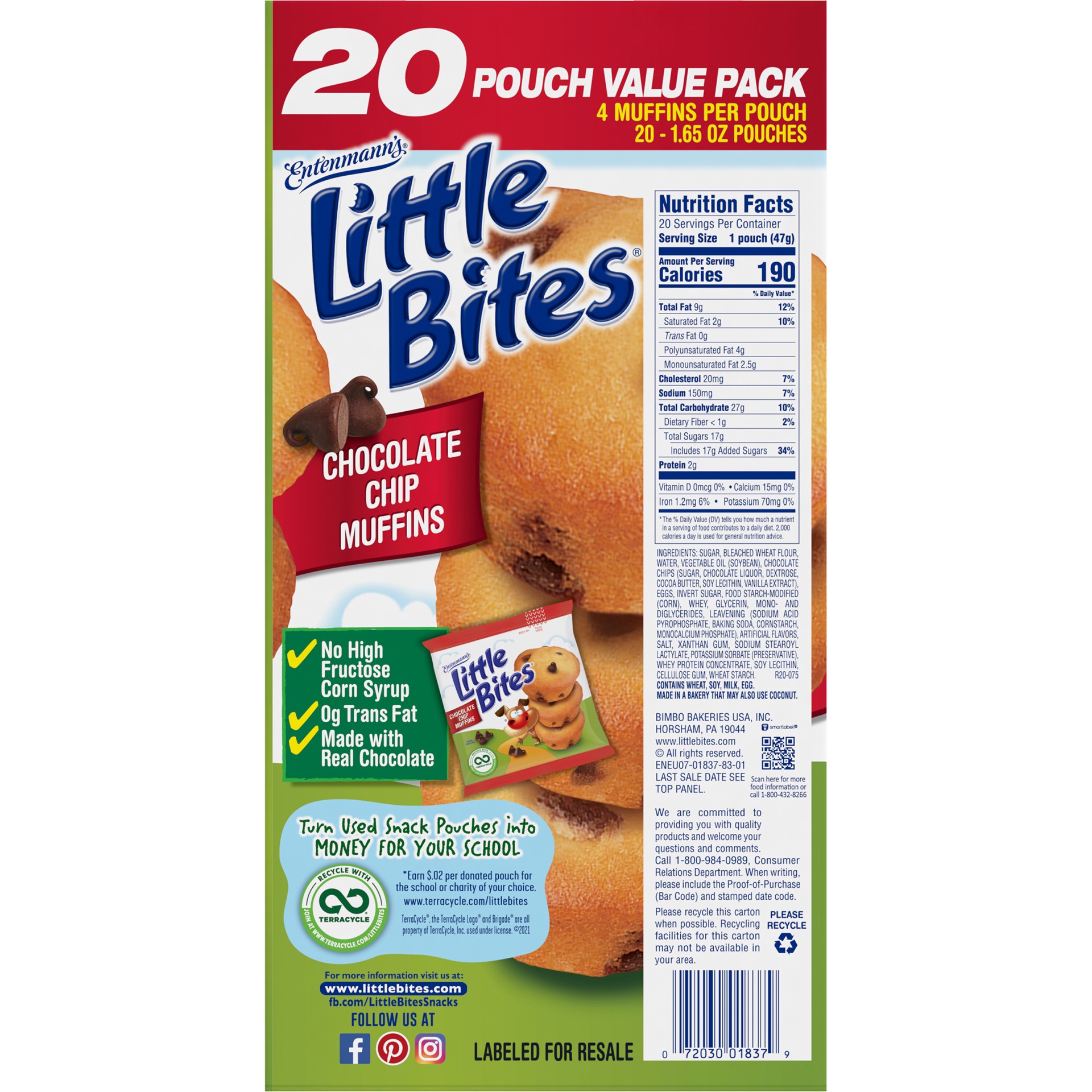 slide 5 of 5, Entenmann's Little Bites Chocolate Chip Muffins, 20 packs, Mini Muffins, 33 oz Multipack, 20 ct