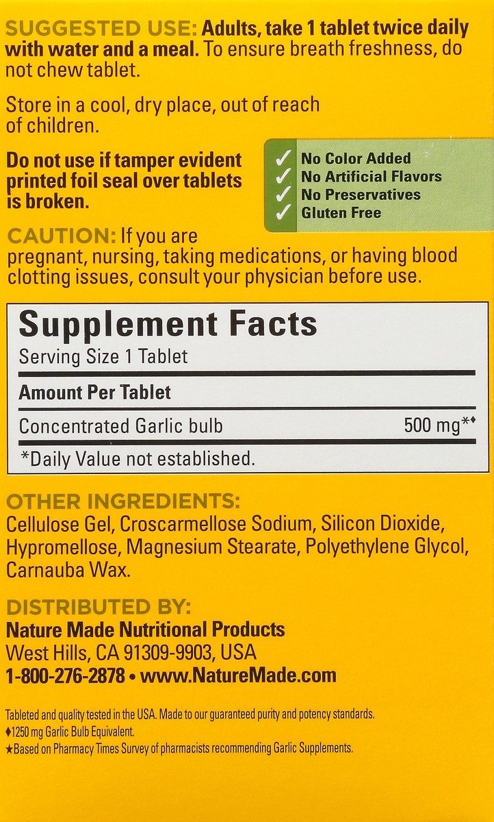 slide 8 of 9, Nature Made Odor Control 1250 mg Tablets Garlic 100 ea, 100 ct; 500 mg
