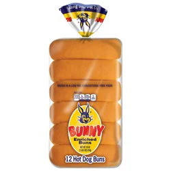 Bunny Bread Hot Dog Buns, Enriched Sliced White Bread Hot Dog Buns, 12 Count