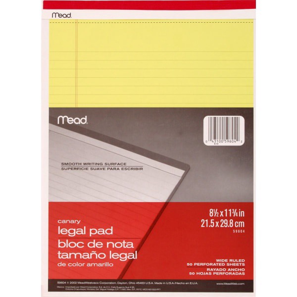 slide 1 of 1, Mead Yellow Legal Pad 8.5X11In, 50 ct