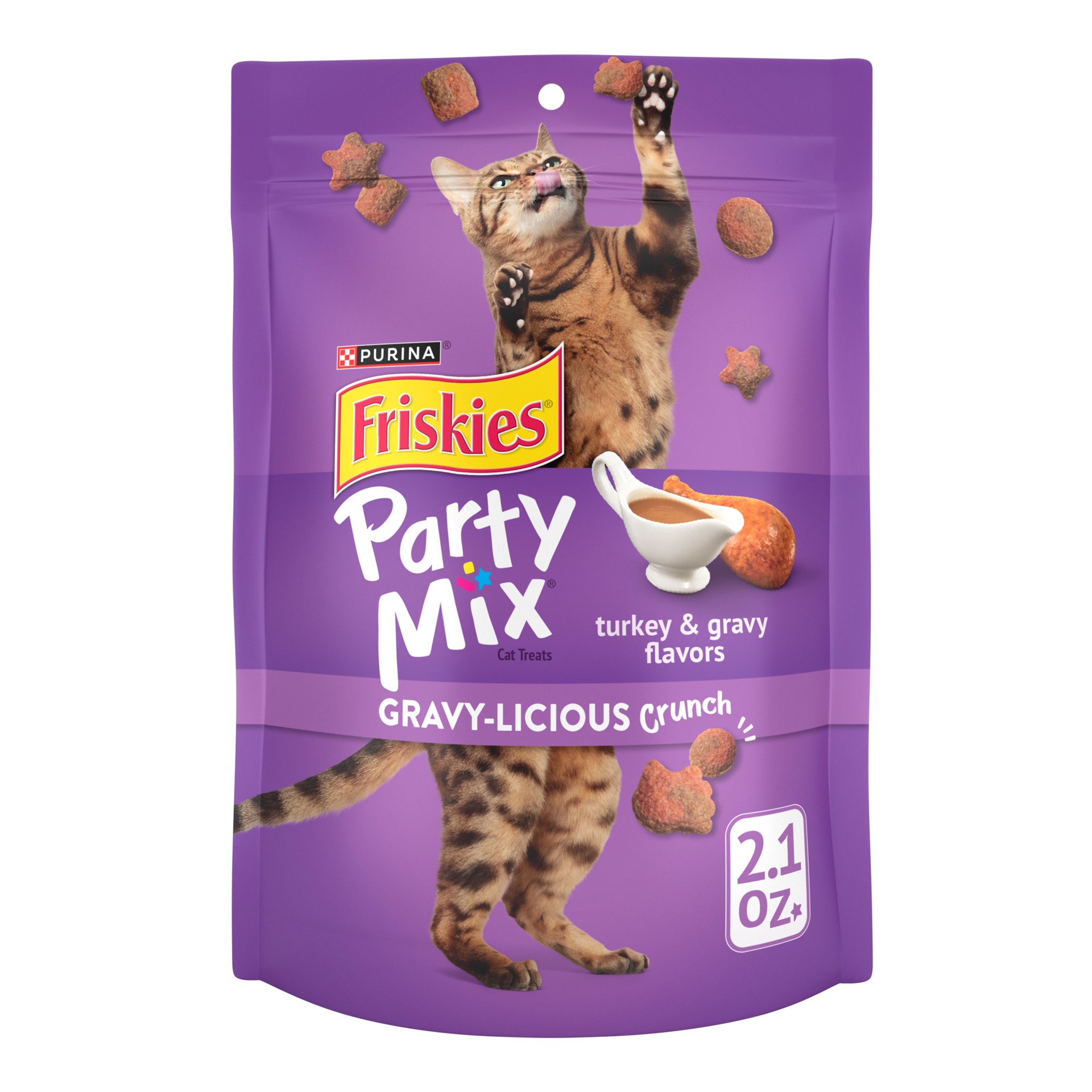 slide 1 of 9, Friskies Purina Friskies Cat Treats, Party Mix Gravy-licious Crunch Turkey and Gravy Flavors, 2.1 oz