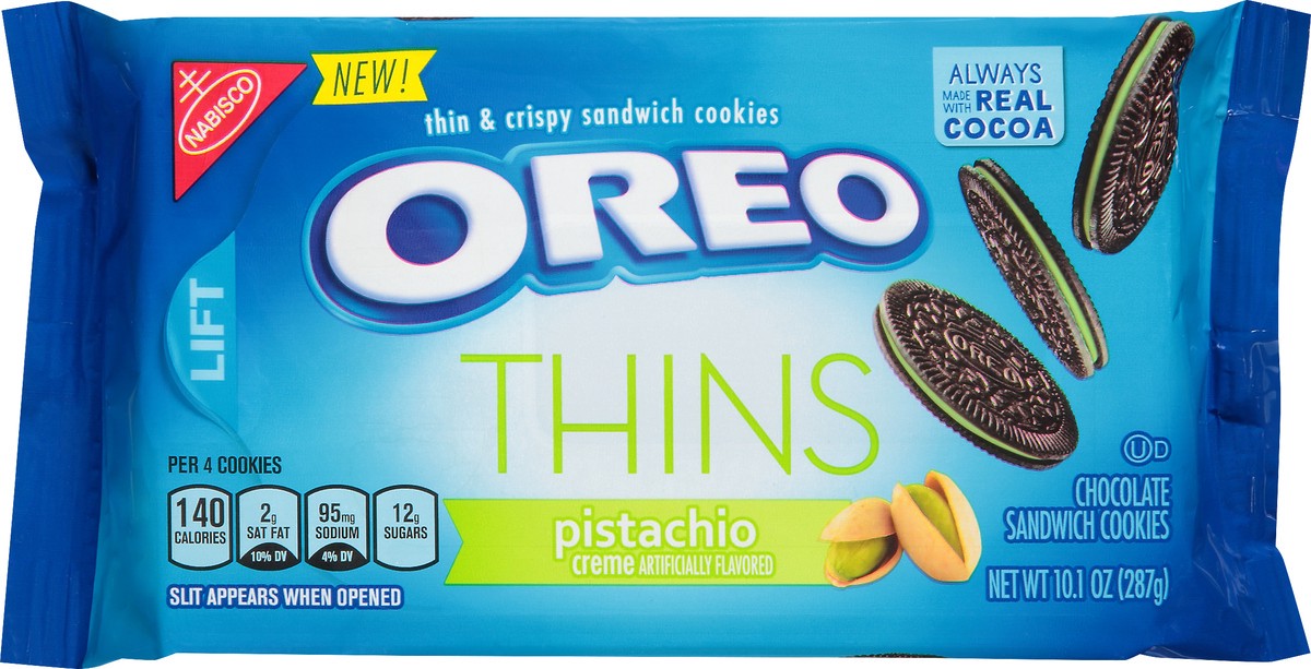 slide 1 of 5, OREO Thins Chocolate Sandwich Cookies, Pistachio Flavored Creme, 1 Resealable 10.1 oz Pack, 0.66 lb