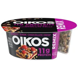 Oikos REMIX Berry Dark Chocolate Crisp 11g Protein Mixed Berry Nonfat Yogurt with Dark Chocolate and White Fudge Berry Granola Mix-Ins, 4.5 oz Cup