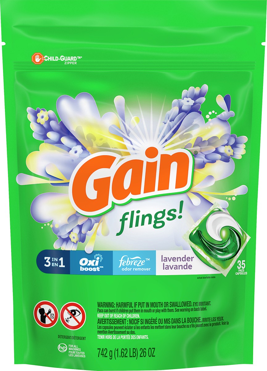 slide 1 of 8, Gain Flings! Pacs 3 in 1 Lavender Detergent 35 ea, 35 ct