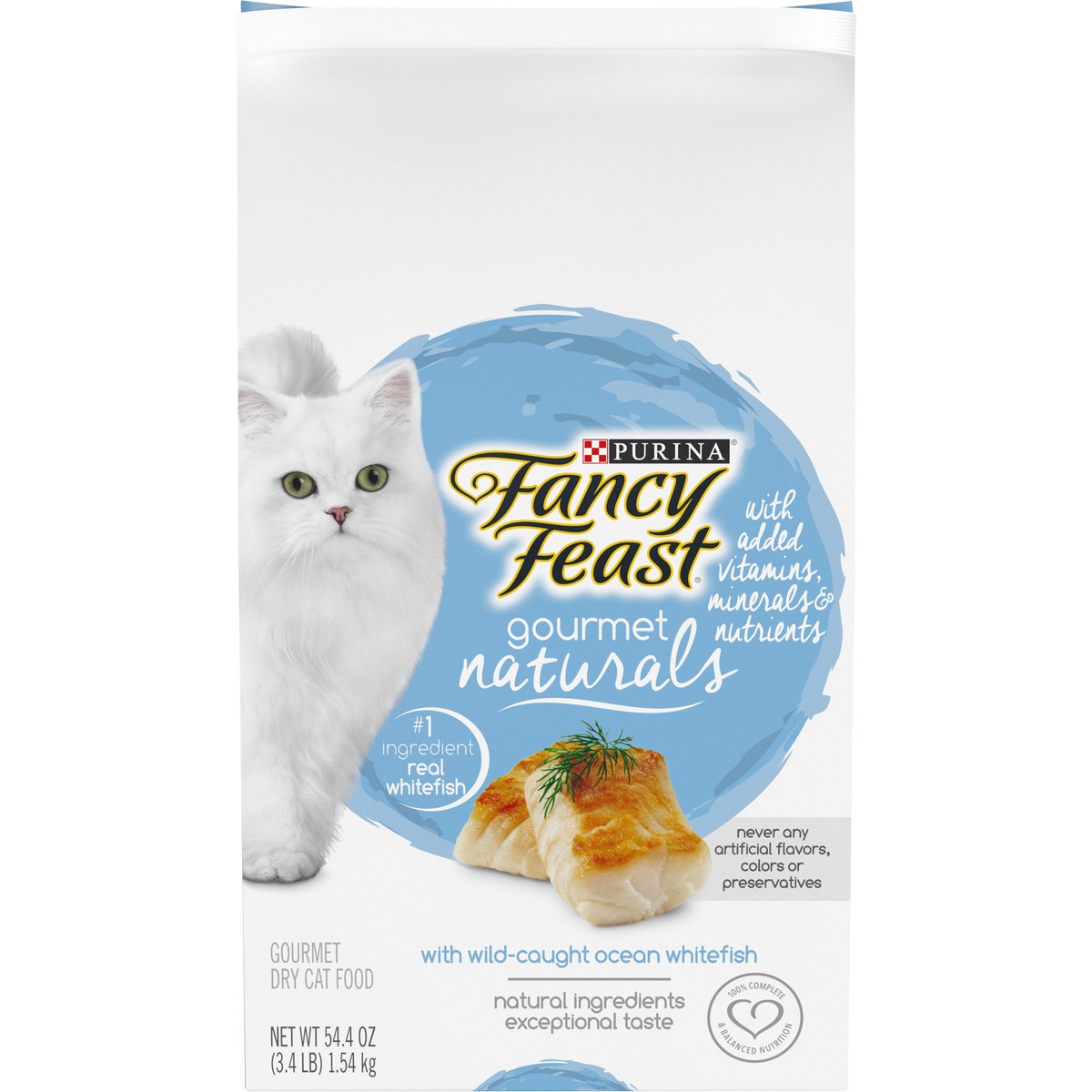 slide 1 of 9, Fancy Feast Gourmet Naturals with Wild-Caught Ocean Whitefish Dry Cat Food, 54.4 oz