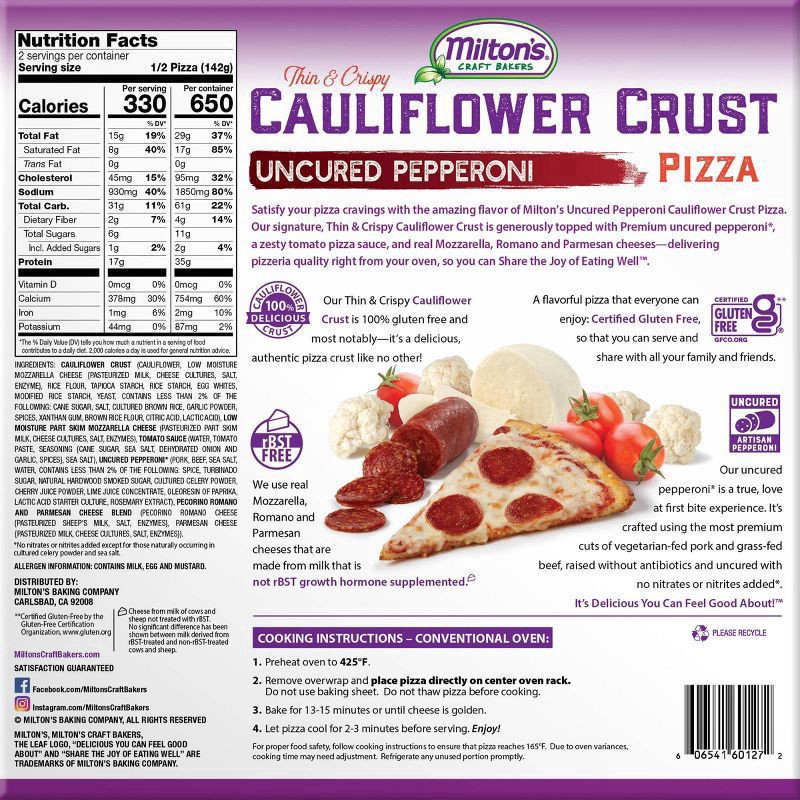 slide 3 of 5, Milton's Pizza, Cauliflower Crust, Uncured Pepperoni, Thin & Crispy, 10 oz