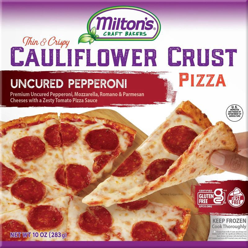 slide 1 of 5, Milton's Pizza, Cauliflower Crust, Uncured Pepperoni, Thin & Crispy, 10 oz