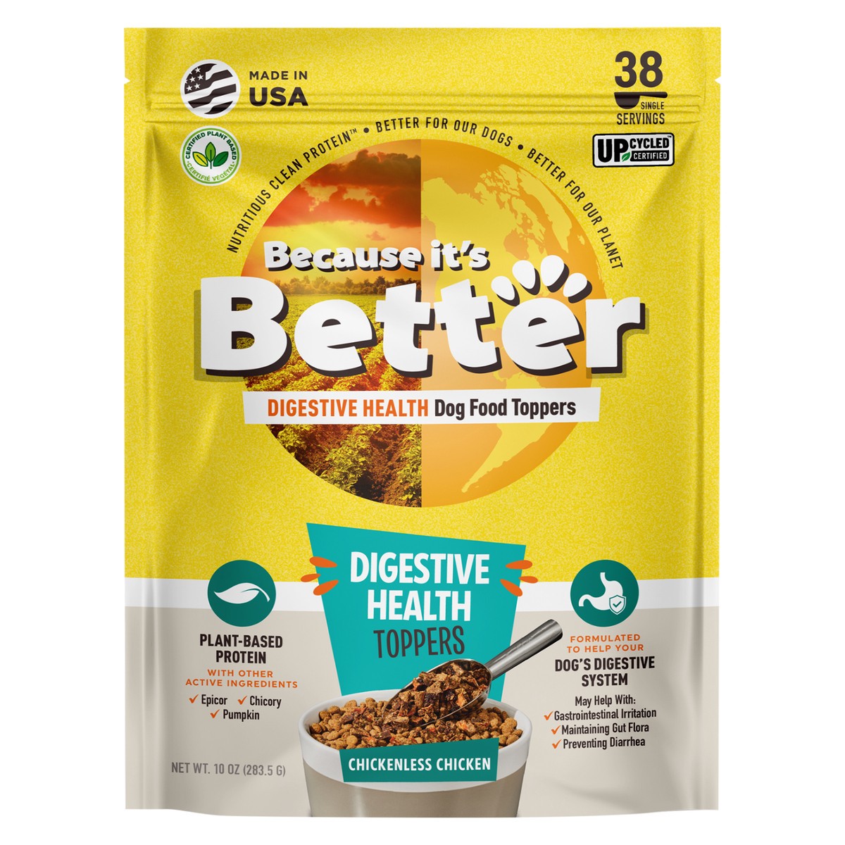 slide 4 of 9, Because It's Better Digestive Health Chickenless Chicken Dog Food Toppers 10 oz, 10 oz