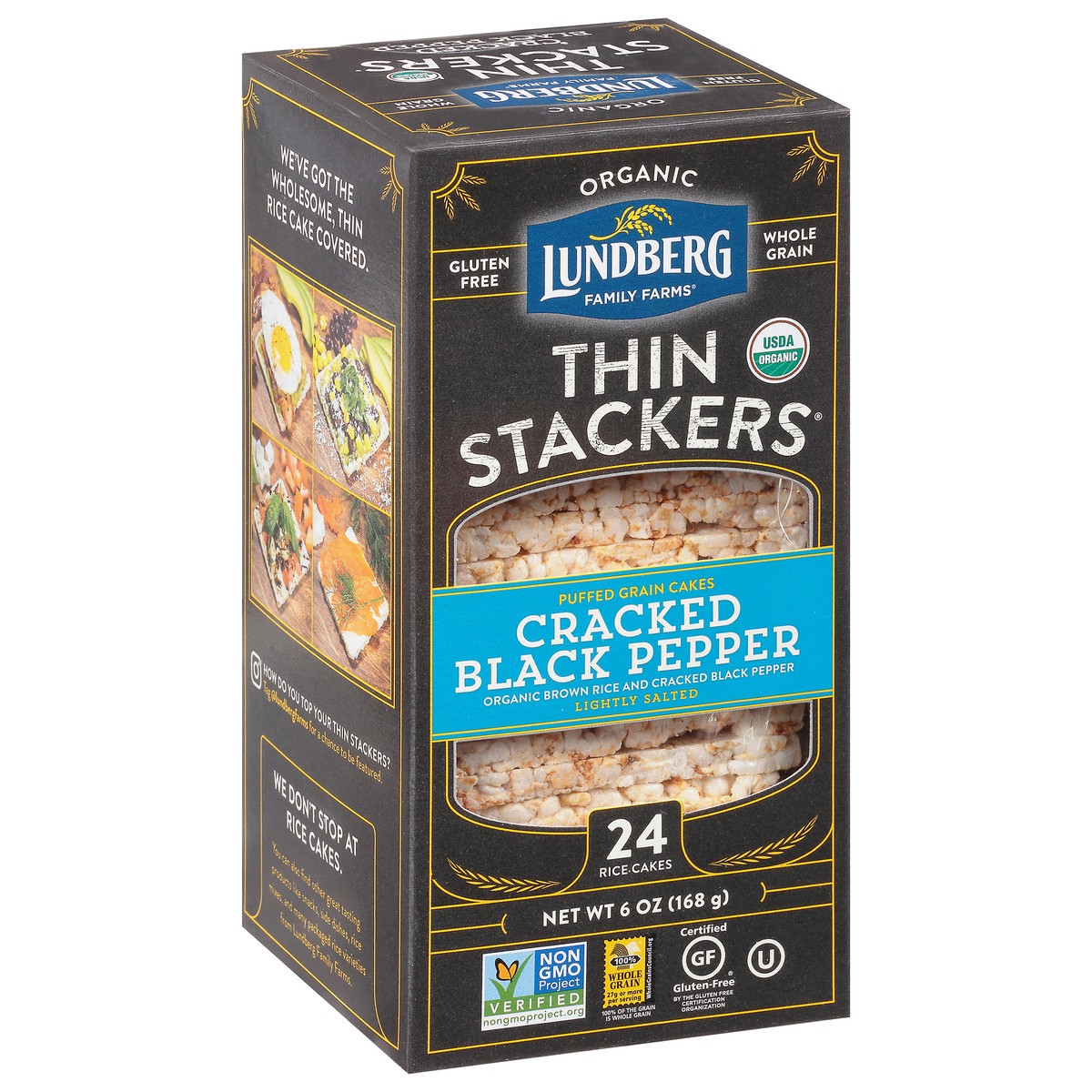 slide 7 of 9, Lundberg Family Farms Thin Stackers Lightly Salted Organic Cracked Black Pepper Rice Cakes 24 ea, 24 ct