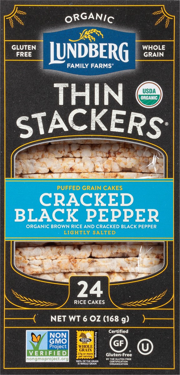 slide 3 of 9, Lundberg Family Farms Thin Stackers Lightly Salted Organic Cracked Black Pepper Rice Cakes 24 ea, 24 ct