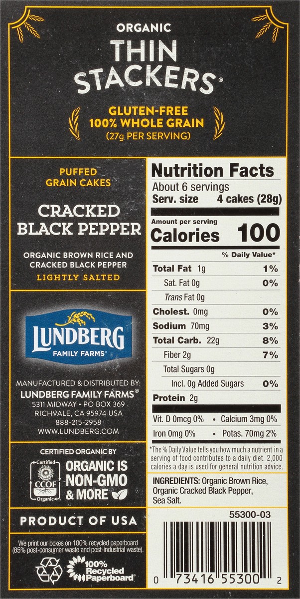 slide 2 of 9, Lundberg Family Farms Thin Stackers Lightly Salted Organic Cracked Black Pepper Rice Cakes 24 ea, 24 ct