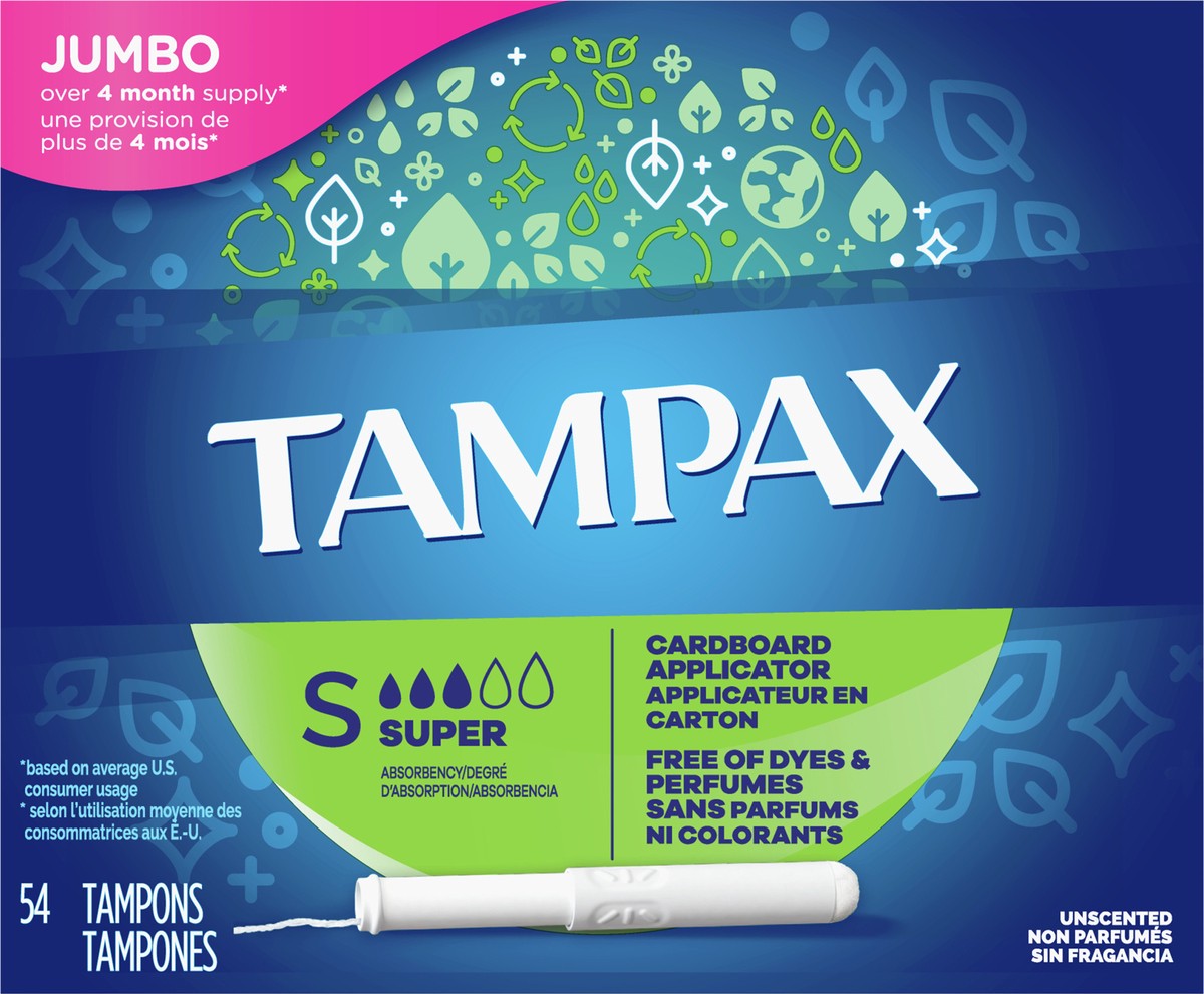 slide 3 of 5, Tampax Cardboard Tampons Super Absorbency, Anti-Slip Grip, LeakGuard Skirt, Unscented, 54 Count, 54 ct