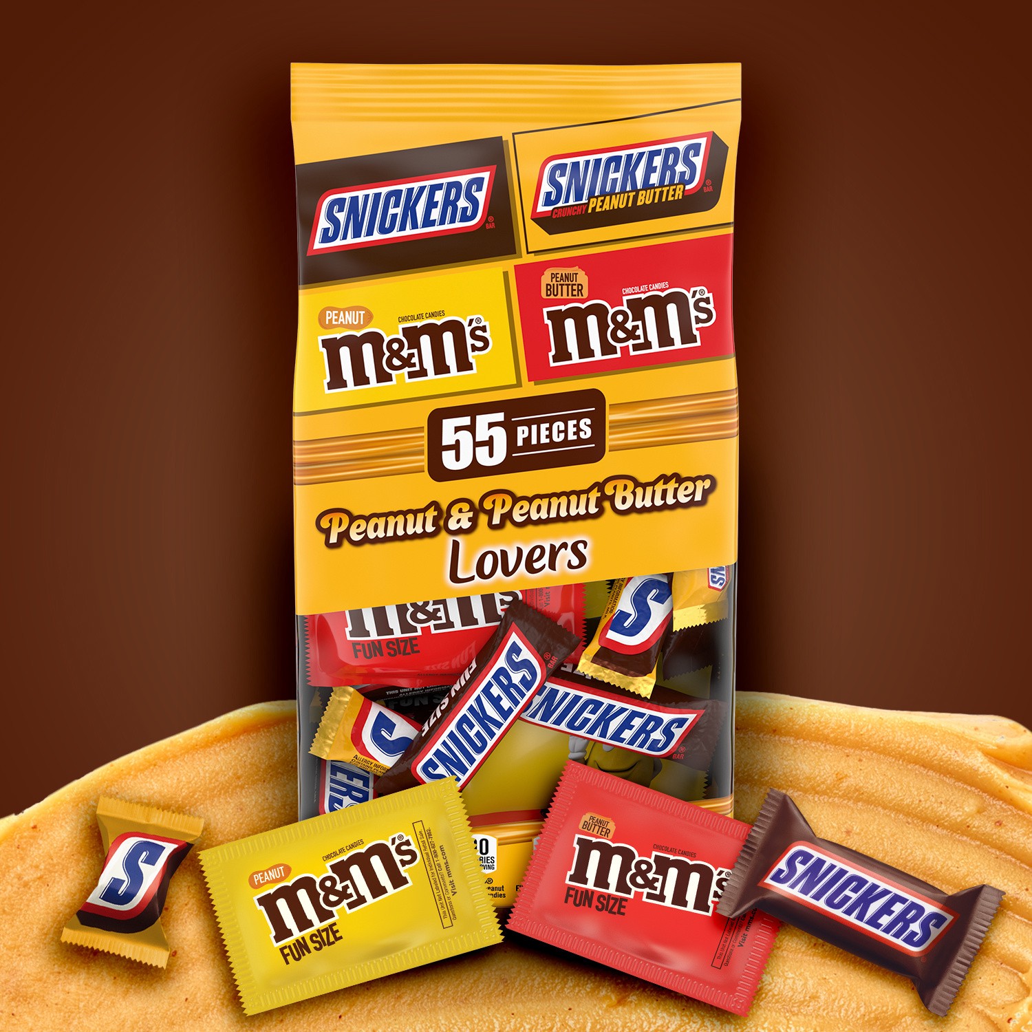 slide 2 of 8, Mixed SNICKERS & M&M'S Assorted Chocolate Candy Fun Size Peanut & Peanut Butter Lovers Variety Pack, 31.58 oz Bag, 31.58 oz