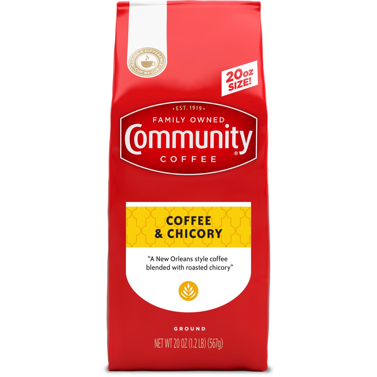 slide 1 of 12, Community Coffee Coffee and Chicory Medium-Dark Roast Ground 20 oz Bag, 20 oz