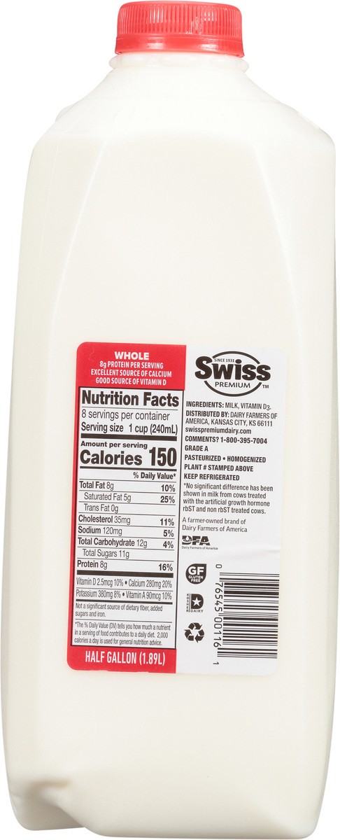 slide 8 of 11, Swiss Premium Dairy Whole Milk with Vitamin D, Milk Half Gallon - 1 Jug, 1/2 gal