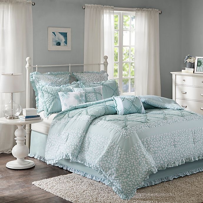 slide 1 of 5, Madison Park Mindy Queen Cotton Percale Comforter Set - Aqua, 9 ct