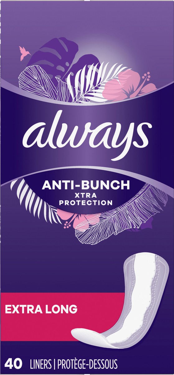 slide 2 of 6, Always Anti-Bunch Xtra Protection Daily Liners Extra Long Unscented, Anti Bunch Helps You Feel Comfortable, 40 Count, 40 ct