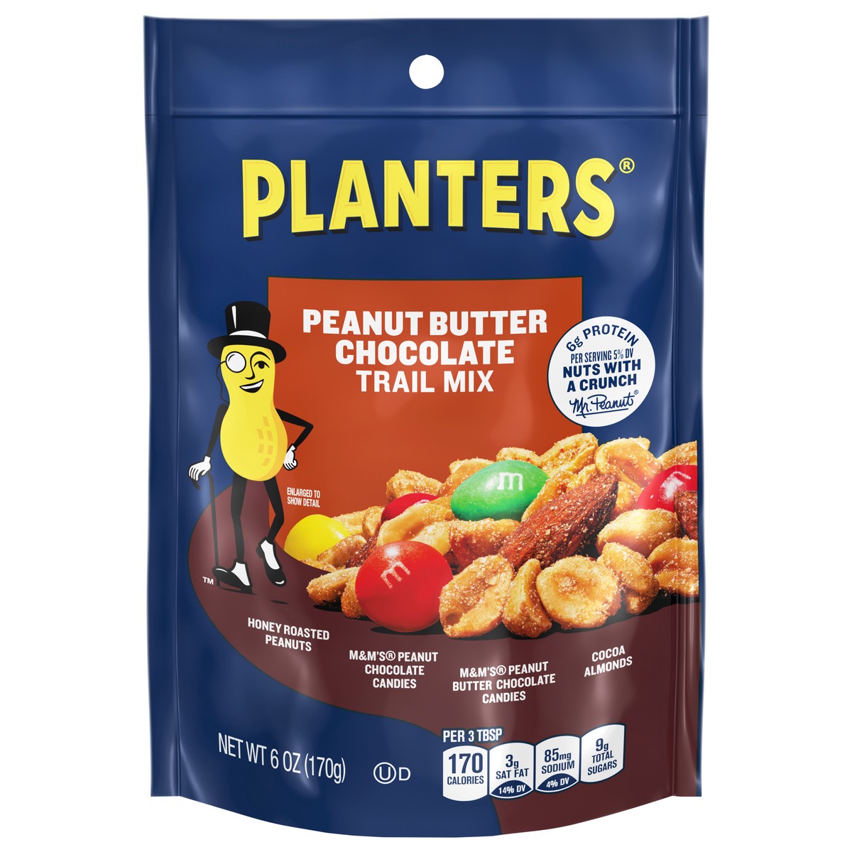 slide 1 of 7, Planters Peanut Butter Chocolate Trail Mix with Honey Peanuts, M&M Peanut Butter & Peanut Chocolate Candies & Cocoa Almonds, 6 oz Bag, 6 oz