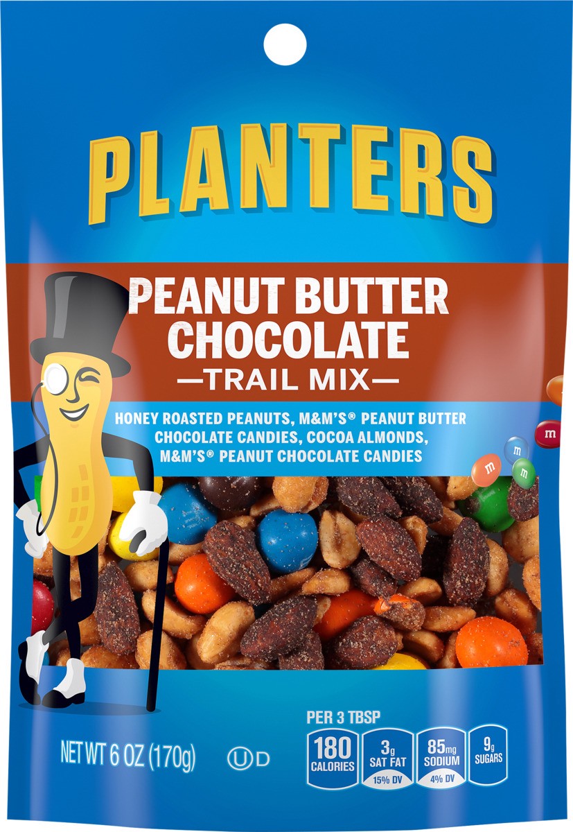 slide 6 of 7, Planters Peanut Butter Chocolate Trail Mix with Honey Peanuts, M&M Peanut Butter & Peanut Chocolate Candies & Cocoa Almonds, 6 oz Bag, 6 oz