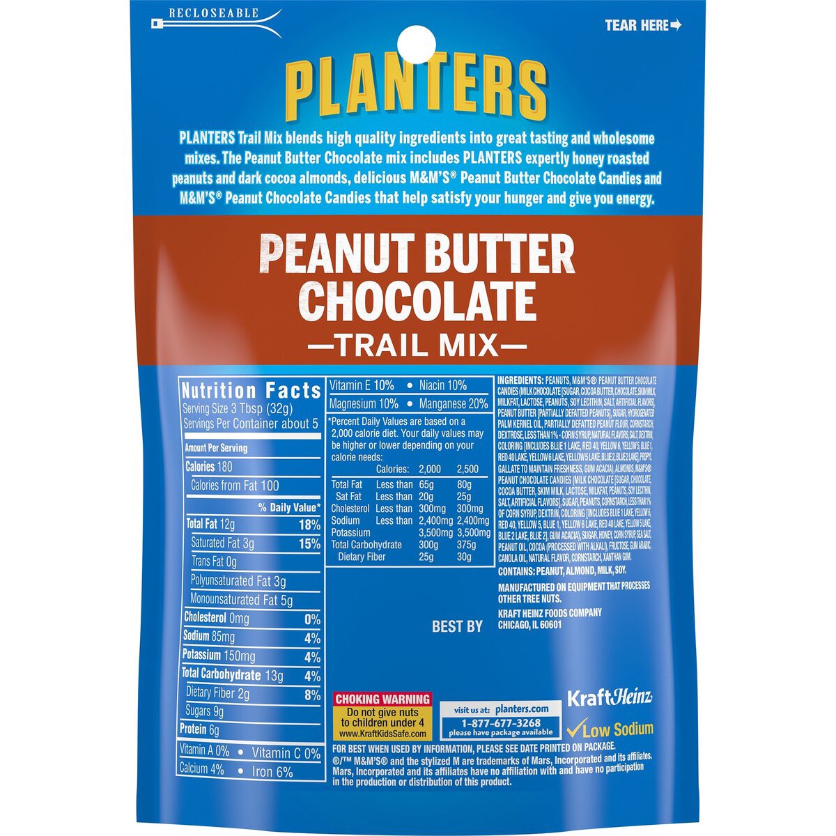 slide 7 of 7, Planters Peanut Butter Chocolate Trail Mix with Honey Peanuts, M&M Peanut Butter & Peanut Chocolate Candies & Cocoa Almonds, 6 oz Bag, 6 oz