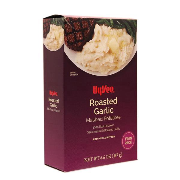 slide 1 of 1, Hy-vee Roasted Garlic 100% Russet Mashed Potatoes Seasoned With Roasted Garlic, 6.6 oz