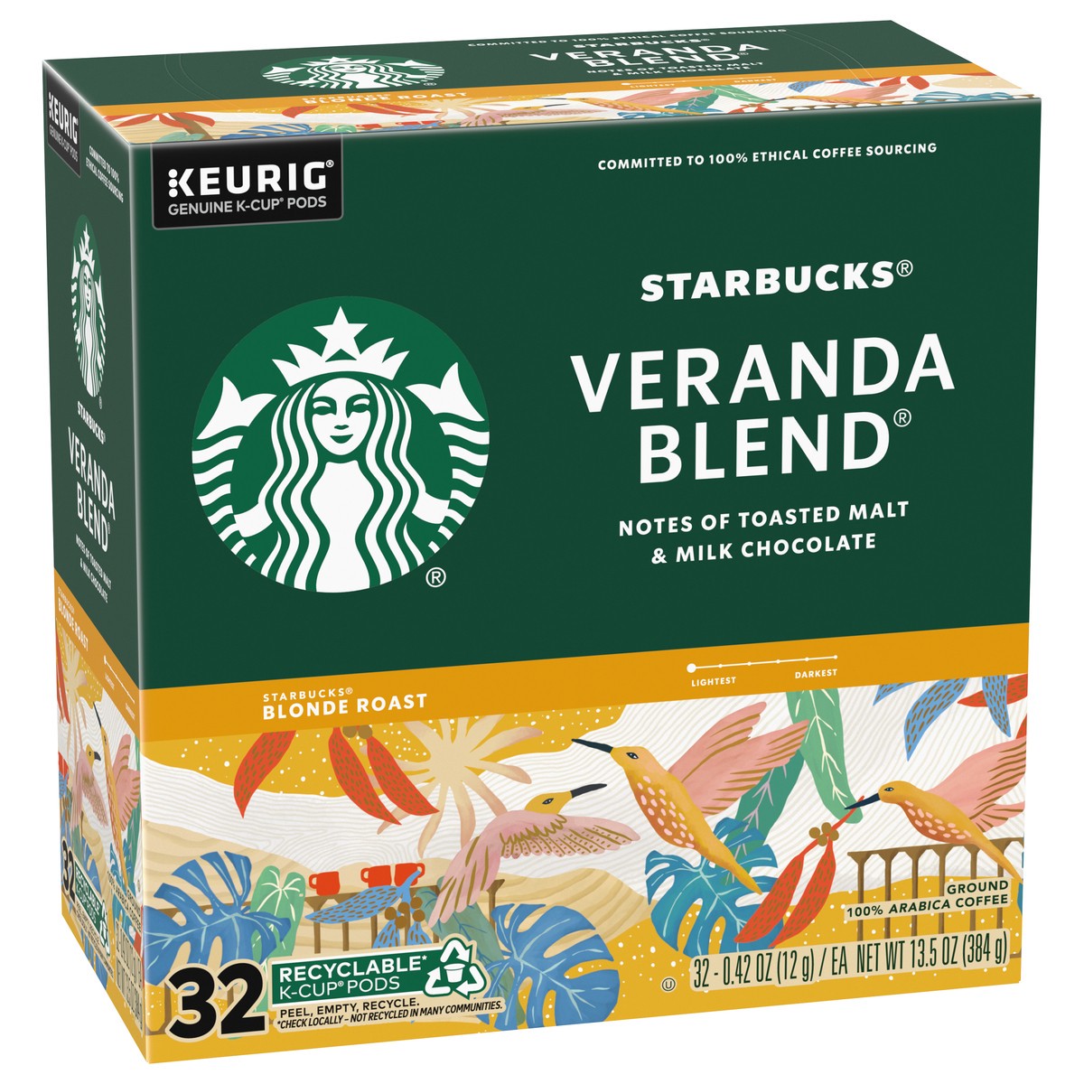 slide 6 of 9, Starbucks K-Cup Coffee Pods, Starbucks Blonde Roast Coffee, Veranda Blend, 100% Arabica, 1 box (32 pods), 32 ct