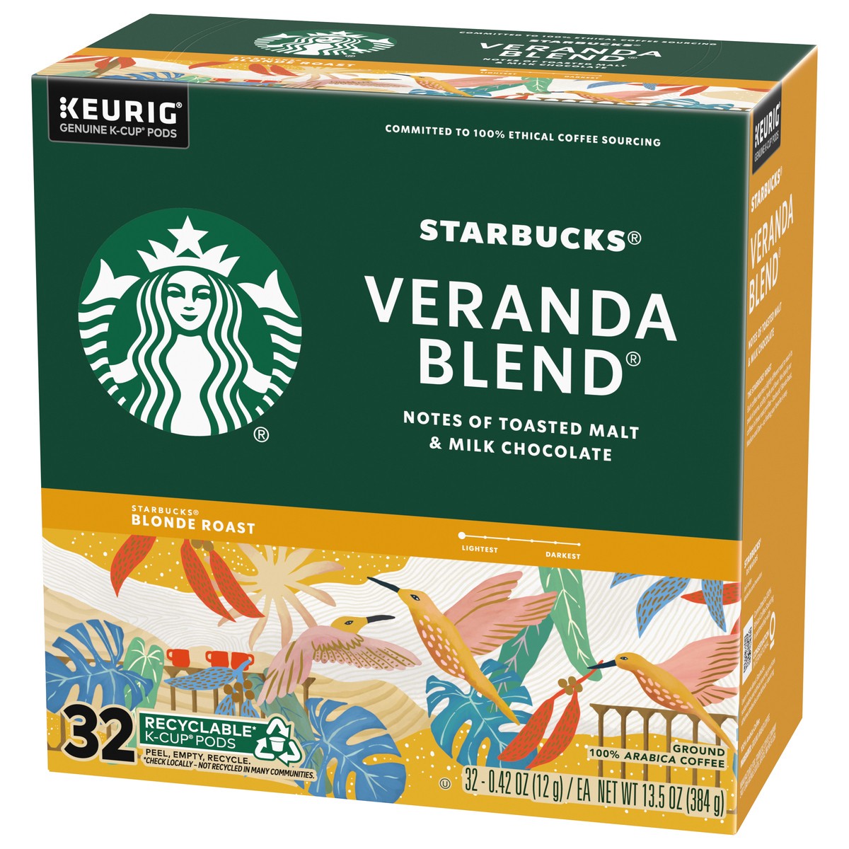 slide 5 of 9, Starbucks K-Cup Coffee Pods, Starbucks Blonde Roast Coffee, Veranda Blend, 100% Arabica, 1 box (32 pods), 32 ct