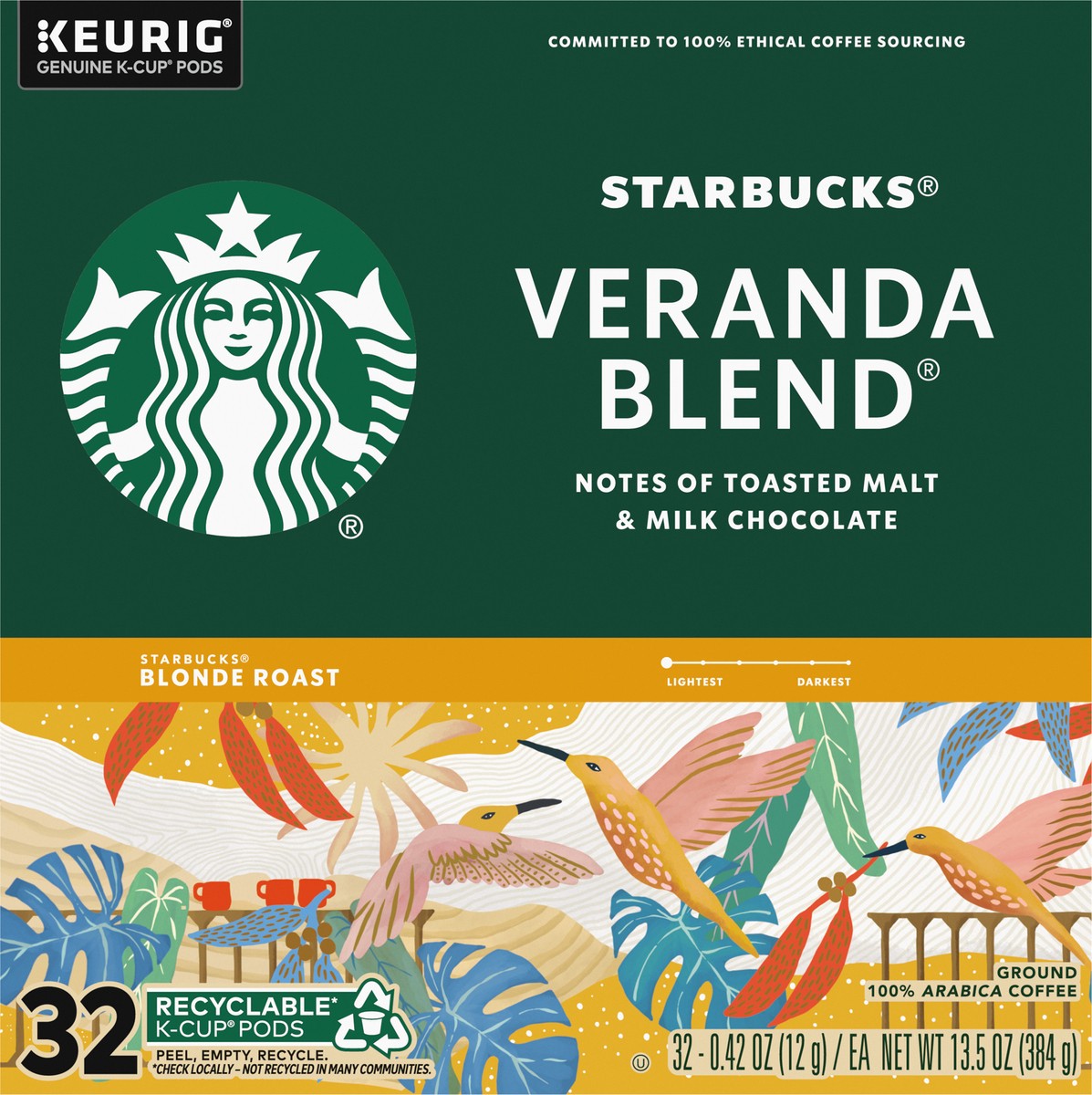 slide 4 of 9, Starbucks K-Cup Coffee Pods, Starbucks Blonde Roast Coffee, Veranda Blend, 100% Arabica, 1 box (32 pods), 32 ct