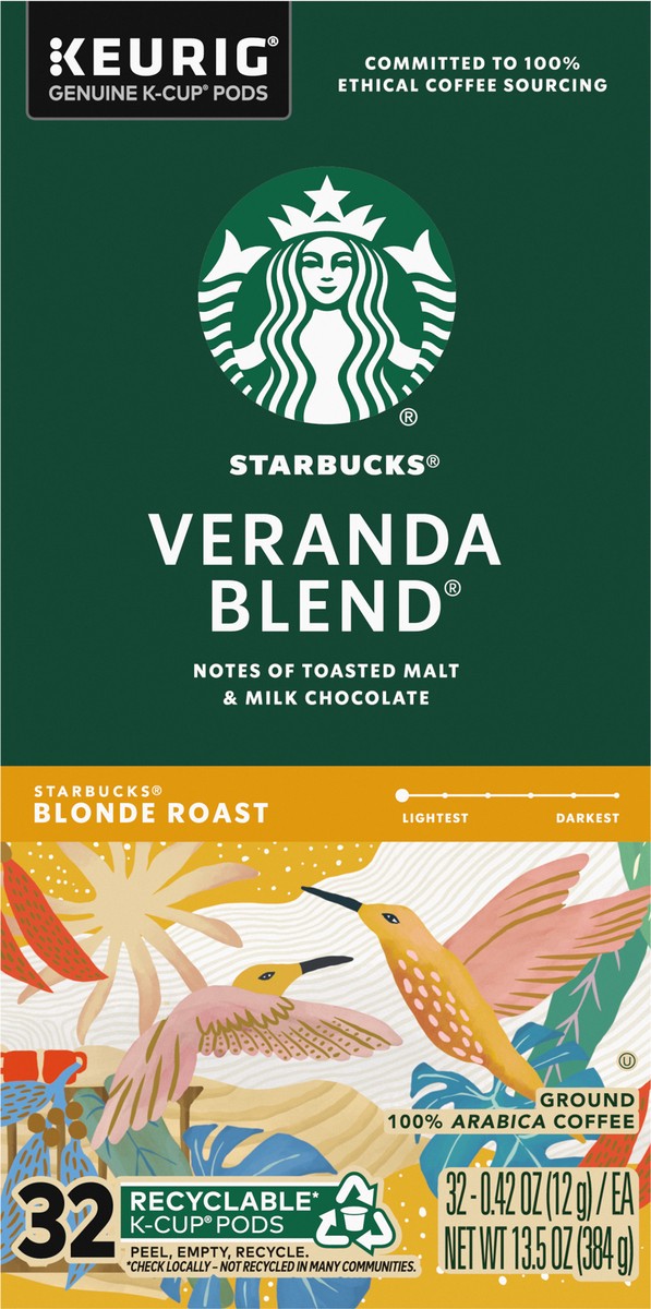 slide 2 of 9, Starbucks K-Cup Coffee Pods, Starbucks Blonde Roast Coffee, Veranda Blend, 100% Arabica, 1 box (32 pods), 32 ct