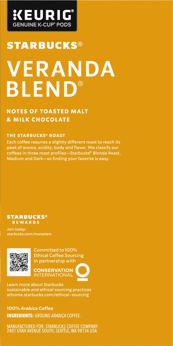 slide 7 of 9, Starbucks K-Cup Coffee Pods, Starbucks Blonde Roast Coffee, Veranda Blend, 100% Arabica, 1 box (32 pods), 32 ct