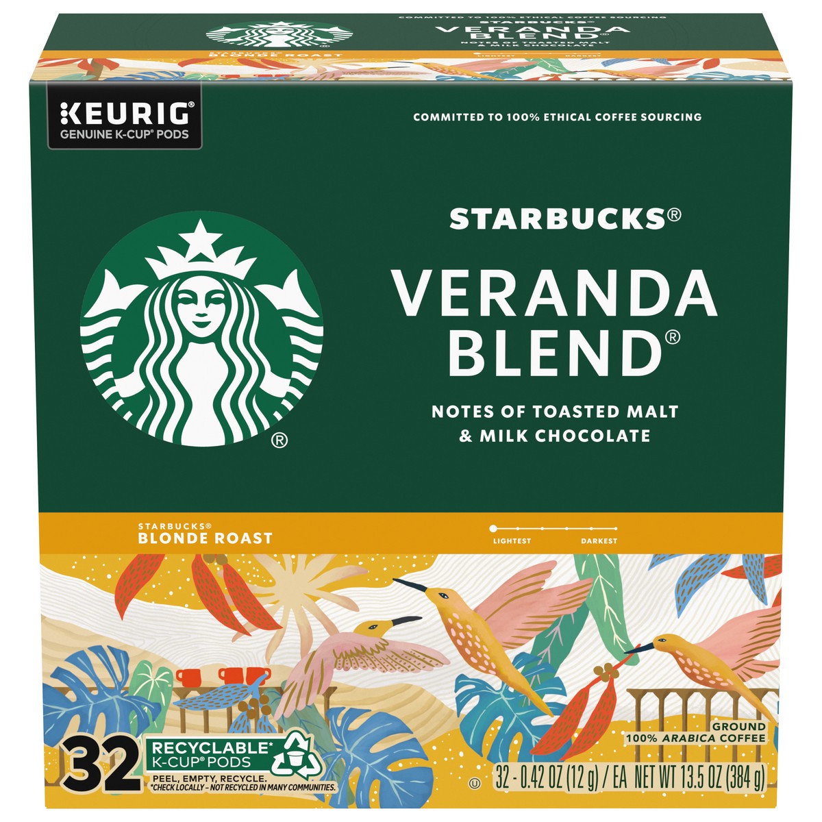 slide 1 of 9, Starbucks K-Cup Coffee Pods, Starbucks Blonde Roast Coffee, Veranda Blend, 100% Arabica, 1 box (32 pods), 32 ct