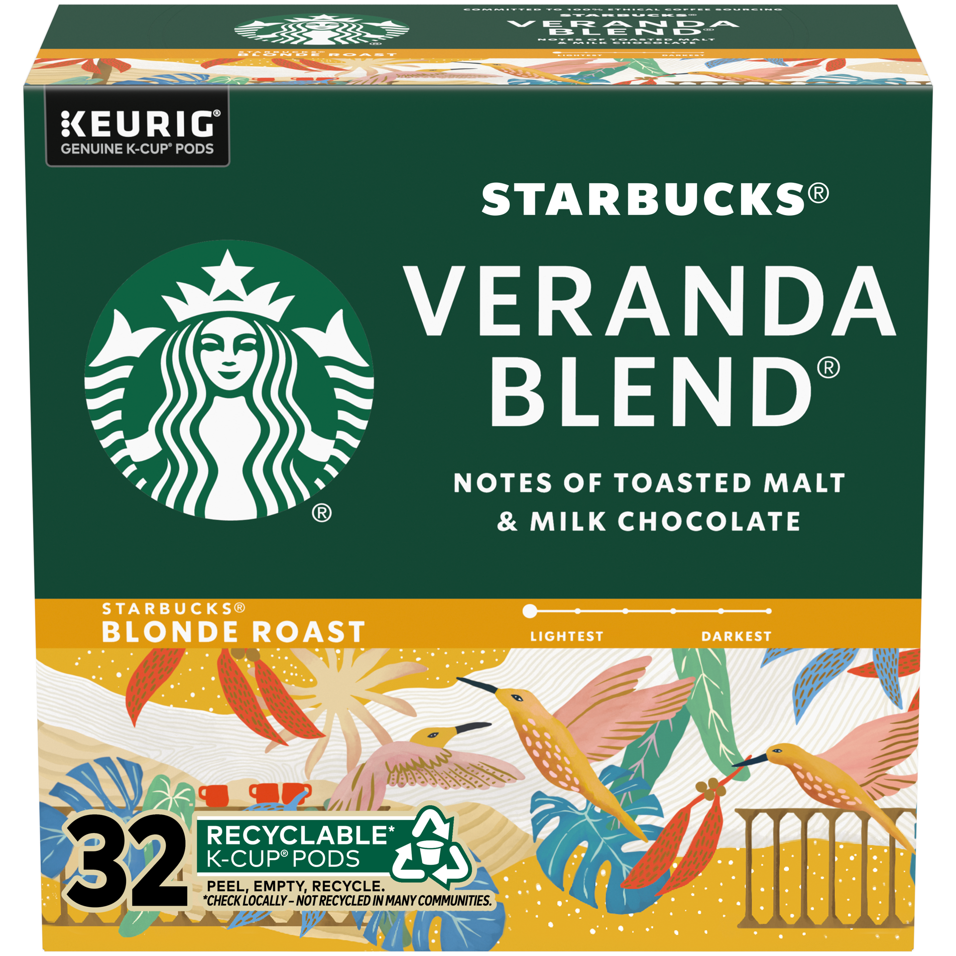 slide 1 of 9, Starbucks K-Cup Coffee Pods, Starbucks Blonde Roast Coffee, Veranda Blend, 100% Arabica, 1 box (32 pods), 32 ct