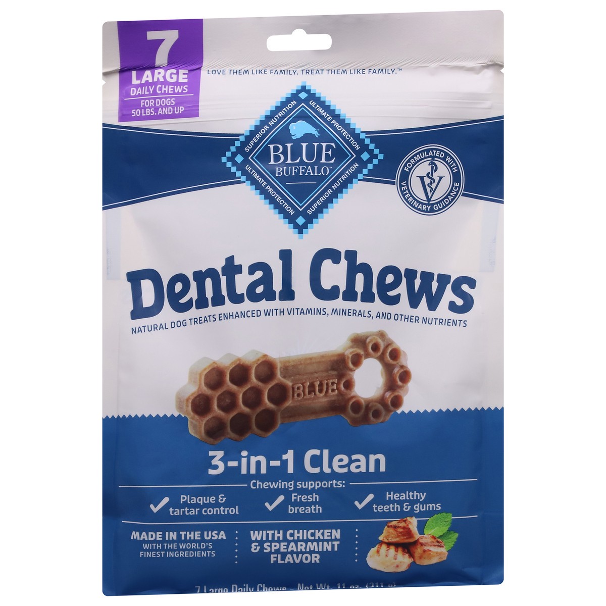 slide 6 of 13, Blue Buffalo Dental Chews Large Natural Dog Treats, Chicken & Spearmint 11-oz Bag (7 Count), 7 ct