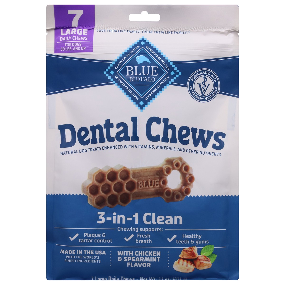 slide 3 of 13, Blue Buffalo Dental Chews Large Natural Dog Treats, Chicken & Spearmint 11-oz Bag (7 Count), 7 ct
