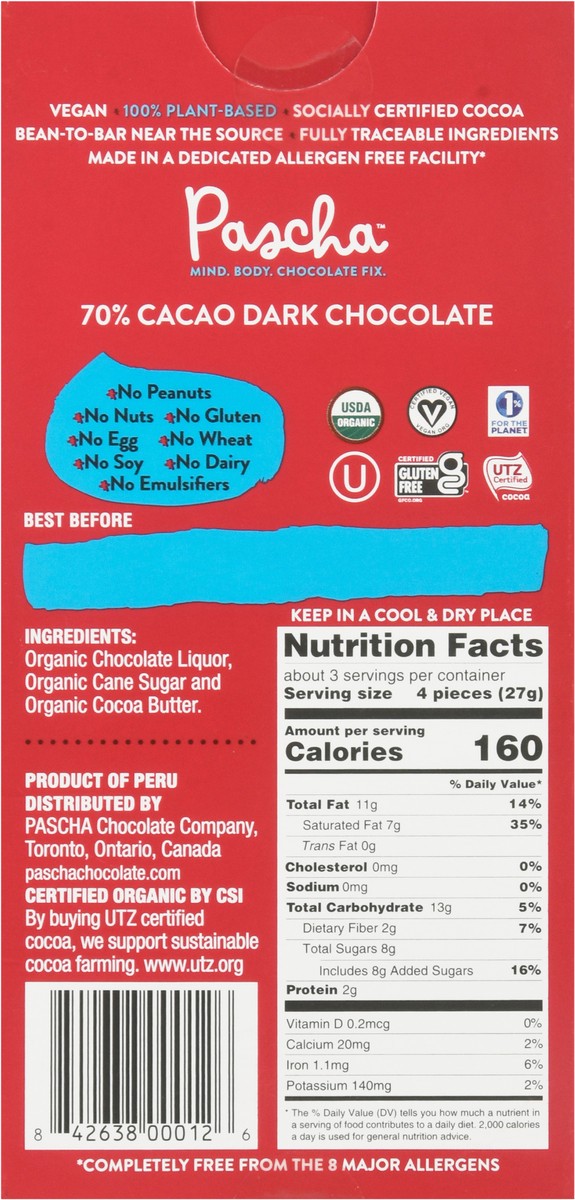 slide 5 of 13, Pascha Dark Chocolate 70% Cacao, 2.82 oz