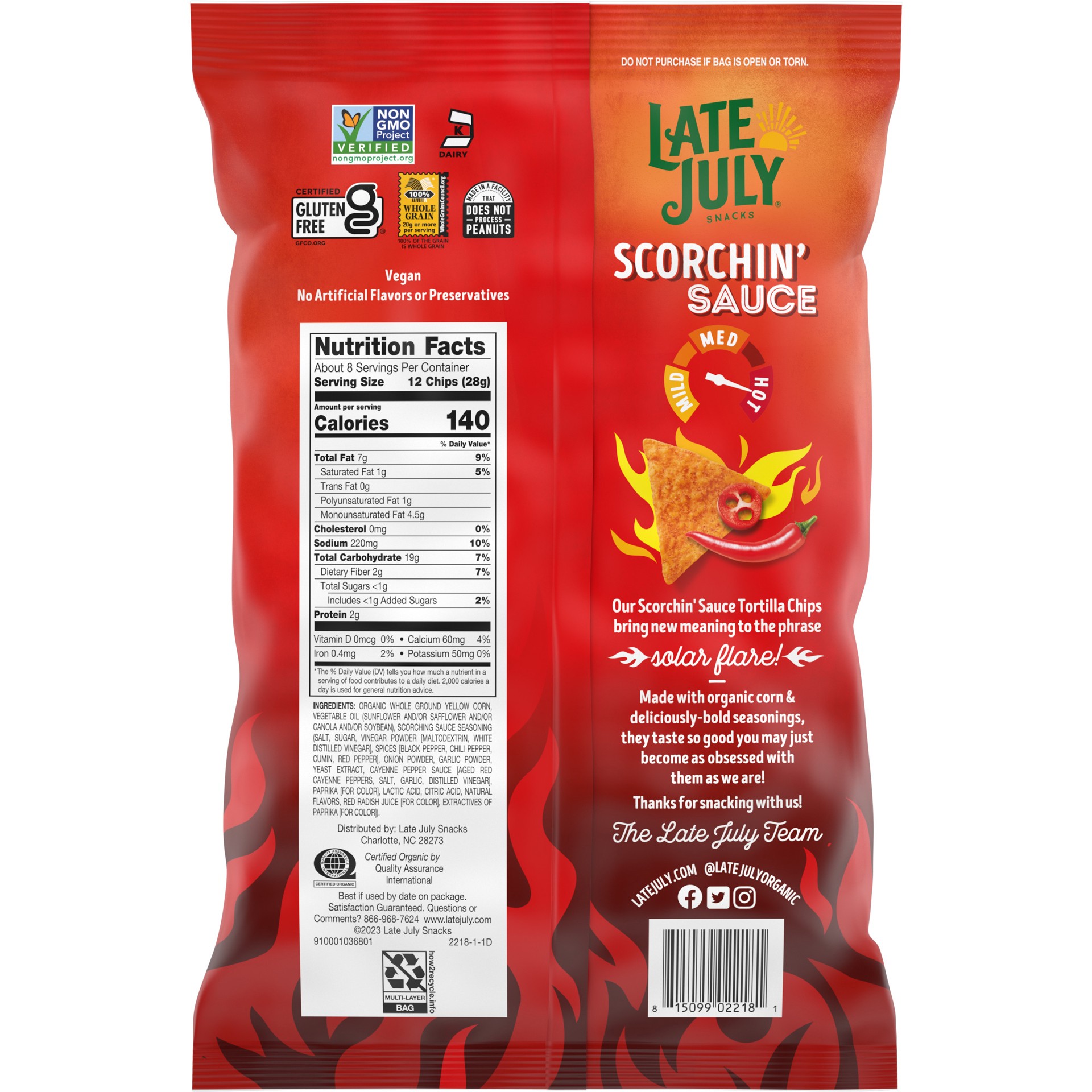slide 5 of 6, Late July Snacks, Scorchin' Sauce Corn Tortilla Chips, 7.8 Oz. Bag, 7.8 oz