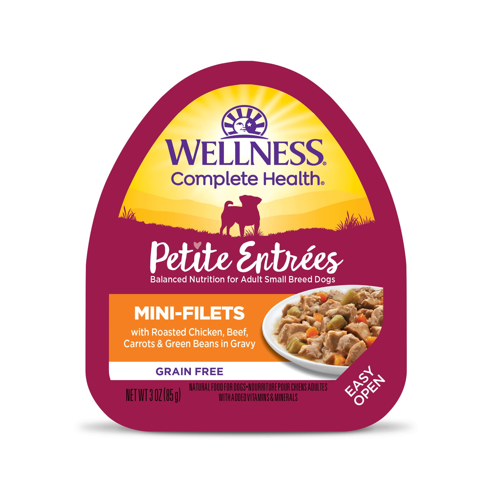 slide 1 of 1, Wellness Petite Entrees Mini-Filets Roasted Chicken, Beef, Carrots & Green Beans in Gravy Dog Food, 3 oz