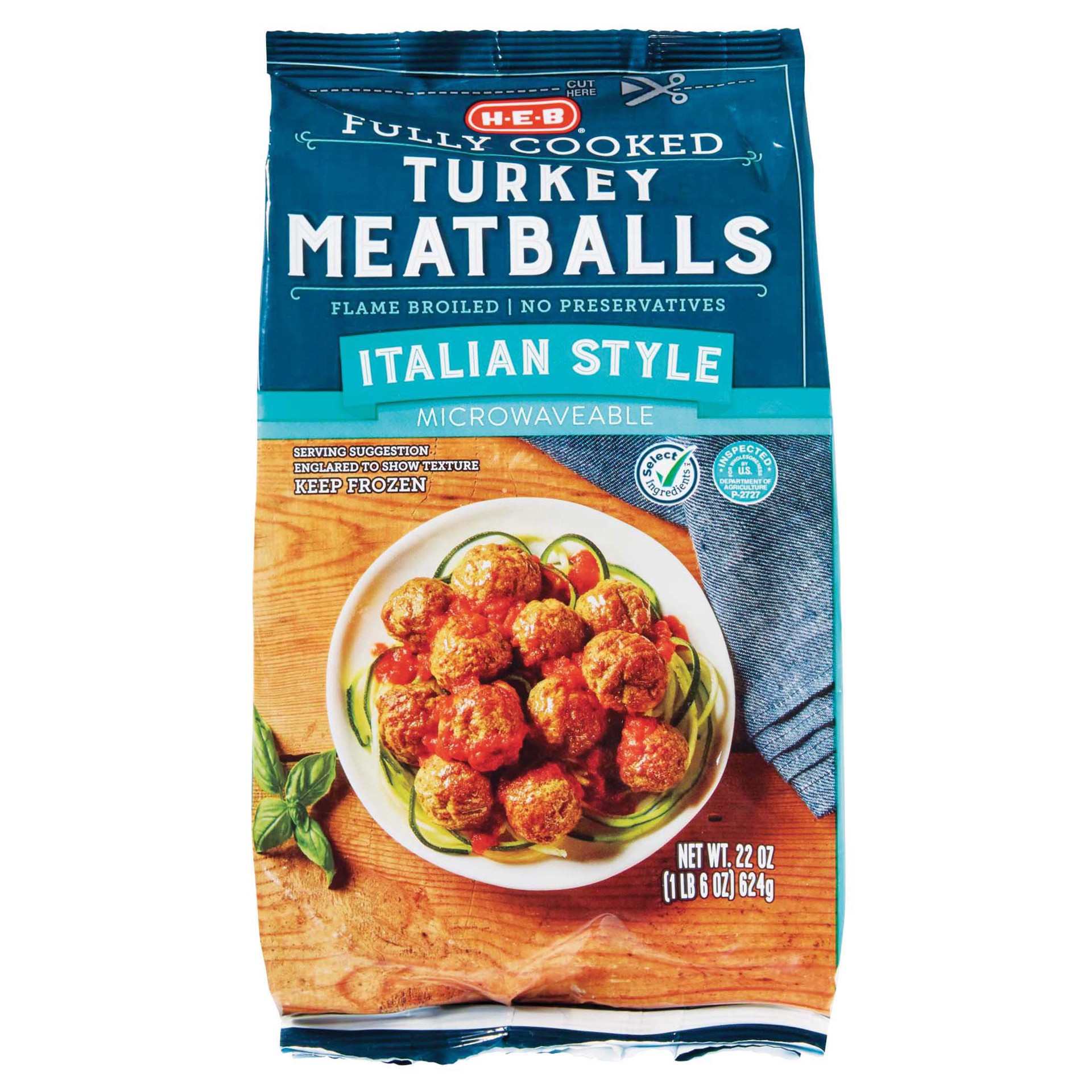 slide 1 of 1, H-E-B Fully Cooked Frozen Turkey Meatballs - Italian Style, 22 oz