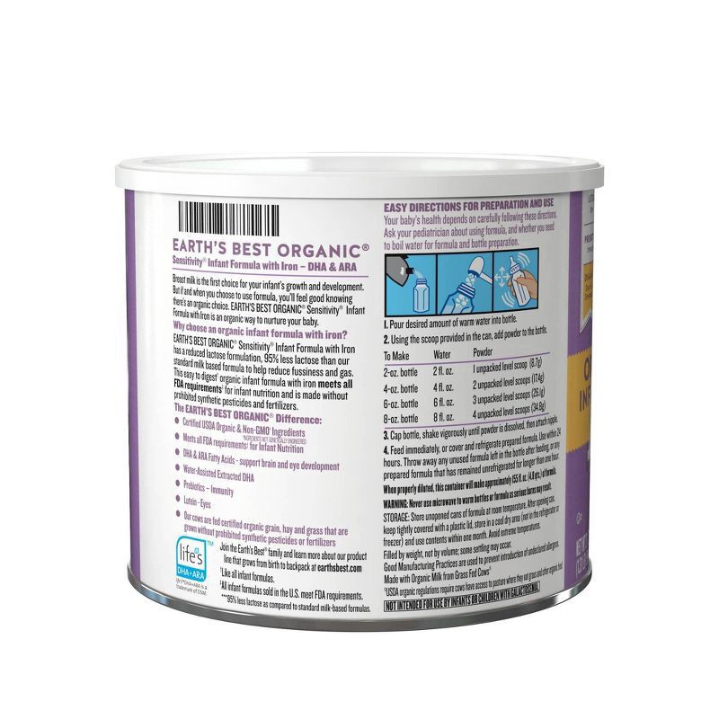 slide 2 of 3, Earth's Best Organic Organic Sensitivity Infant Formula with Iron 21 oz. Canister, 21 oz