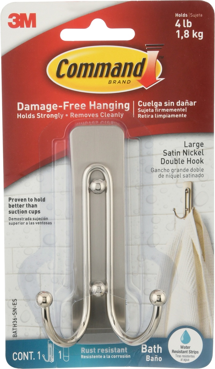 slide 7 of 9, 3M Command Bath Large Double Hook Satin Nickel, 4.03 in x 2.35 in x 1.68 in