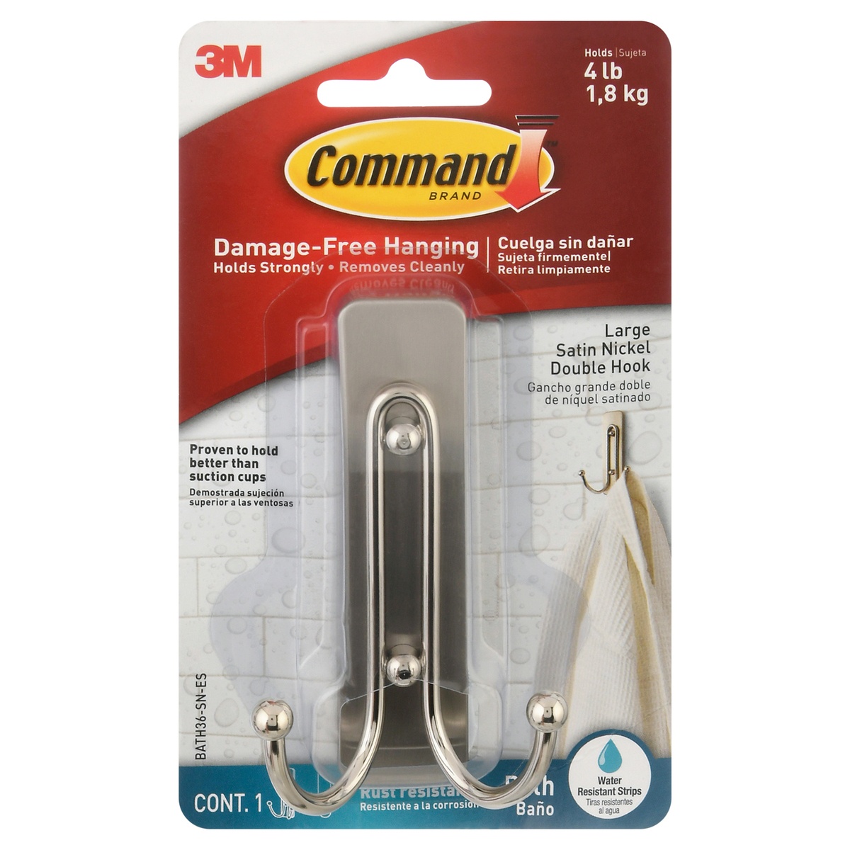 slide 9 of 9, 3M Command Bath Large Double Hook Satin Nickel, 4.03 in x 2.35 in x 1.68 in